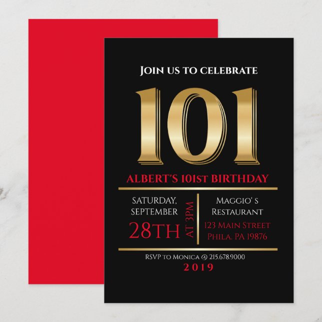 101th Birthday Gold Black Party Invitation (Front/Back)