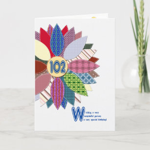 102 years old, stitched flower birthday card