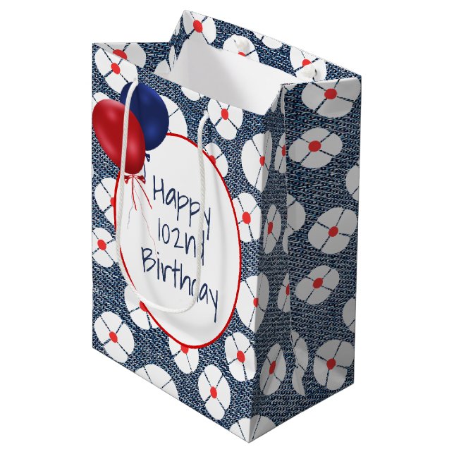 102nd Birthday Balloons on Floral Denim  Medium Gift Bag (Front Angled)