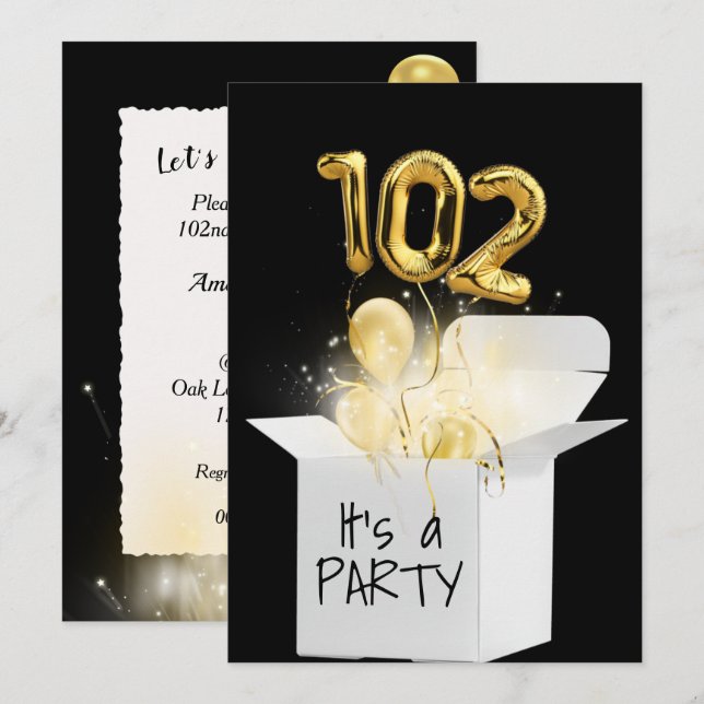 102nd Birthday Gold Balloons In White Box  Invitation (Front/Back)