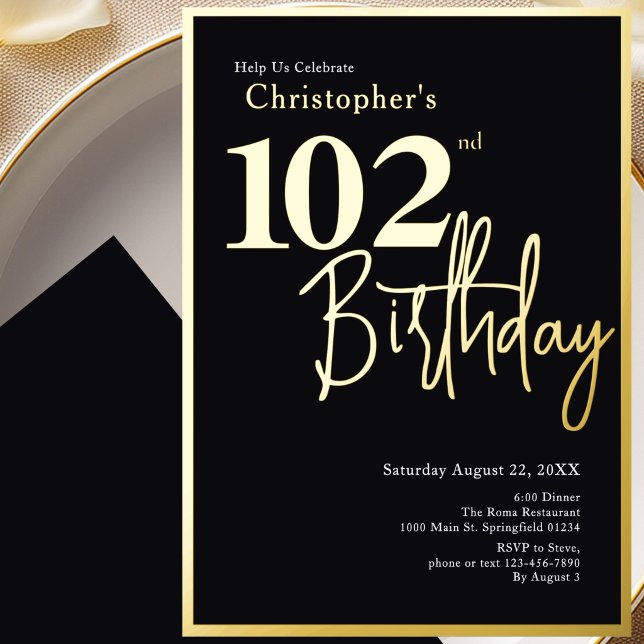 102nd Birthday Invitation Modern Gold Foil (Creator Uploaded)