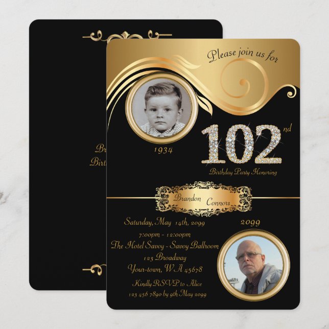 102nd,Birthday Man 102nd,elegant art deco,black Invitation (Front/Back)