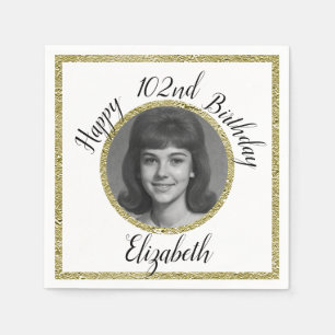 102nd Birthday Napkins Custom Photo White Gold
