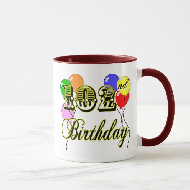 102nd Birthday with Balloons Mug (Right)