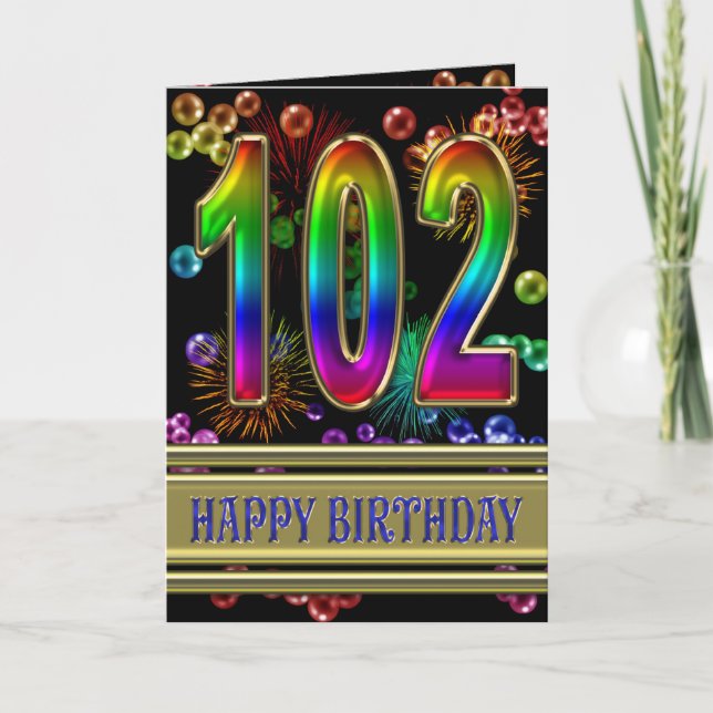 102nd Birthday with rainbow bubbles and fireworks Card (Front)