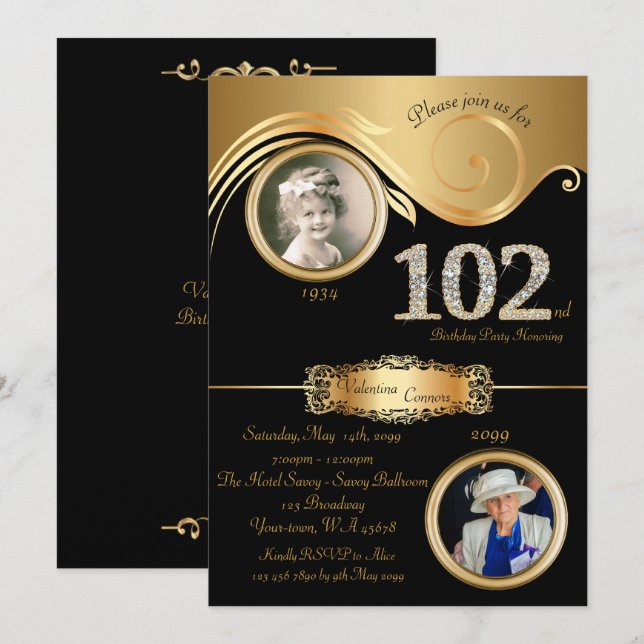 102nd,Birthday Woman 102nd,elegant art deco,black Invitation (Front/Back)