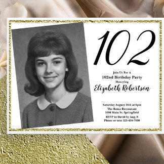 102nd Custom Photo White and Gold Invitation