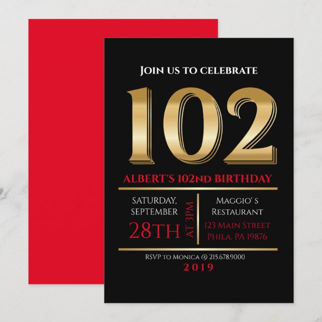 102th Birthday Gold Black Party Invitation (Front/Back)
