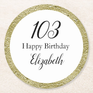 103rd Birthday Black White and Gold  Round Paper Coaster