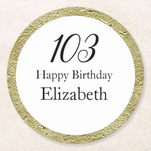 103rd Birthday Black White and Gold  Round Paper Coaster