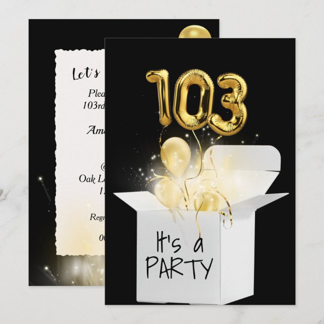 103rd Birthday Gold Balloons In White Box Invitation (Front/Back)