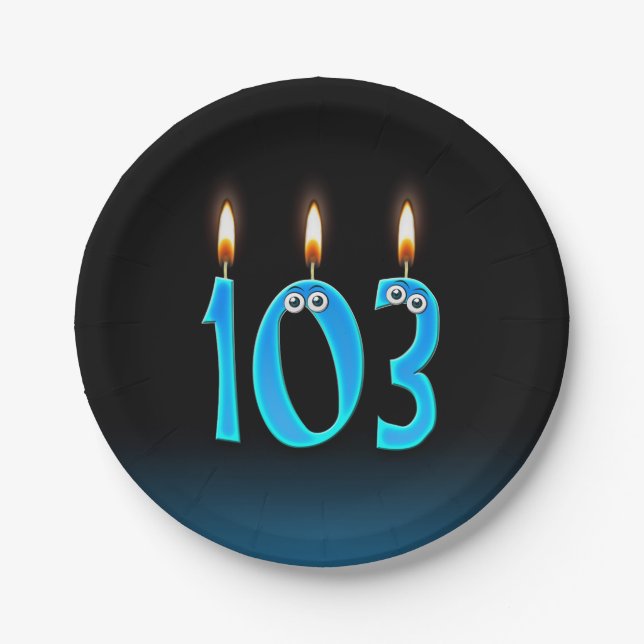 103rd Birthday with lit candle numbers Paper Plate (Front)