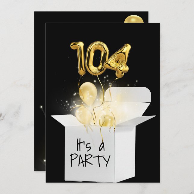 104th Birthday Gold Balloons In White Box  Invitation (Front/Back)