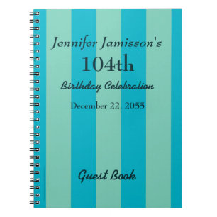 104th Birthday Party Guest Book Blue/Green Stripe