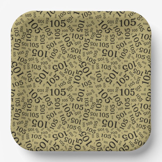 105th Birthday Black/Gold/White Random Pattern Paper Plate (Front)