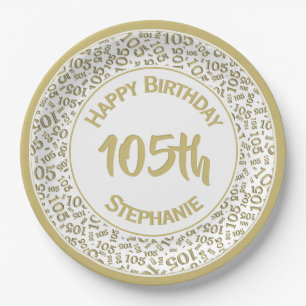 105th Birthday Cool  Number Pattern Gold/White Paper Plate