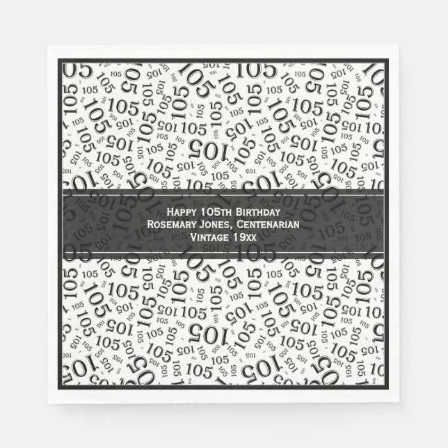 105th Birthday Modern Number Pattern Black/White Napkin (Front)