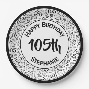 105th Birthday Modern Number Pattern Black/White Paper Plate