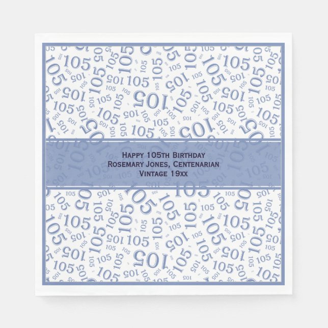 105th Birthday Modern Number Pattern Blue/White Napkin (Front)