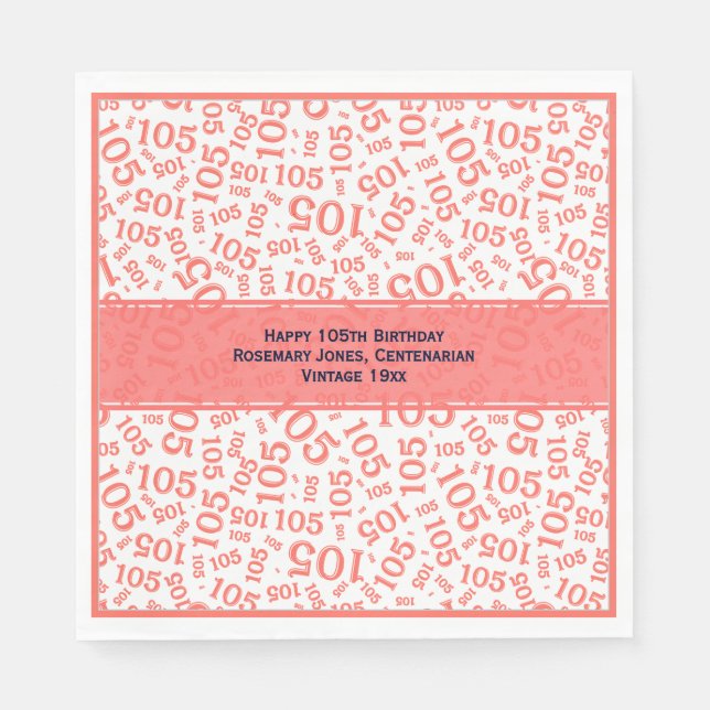 105th Birthday Modern Number Pattern Cral/White Napkin (Front)