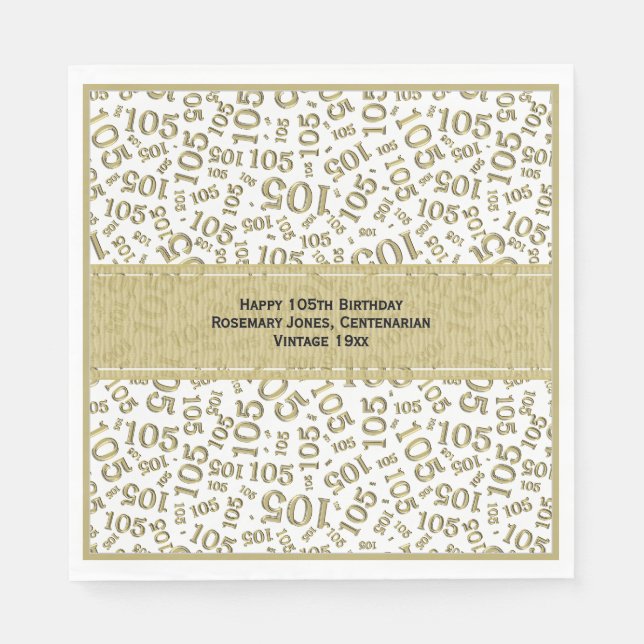 105th Birthday Modern Number Pattern Gold/White Napkin (Front)