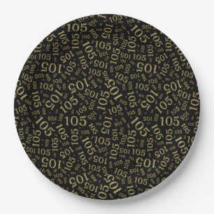 105th Birthday Party Black/Gold Random Pattern Paper Plate