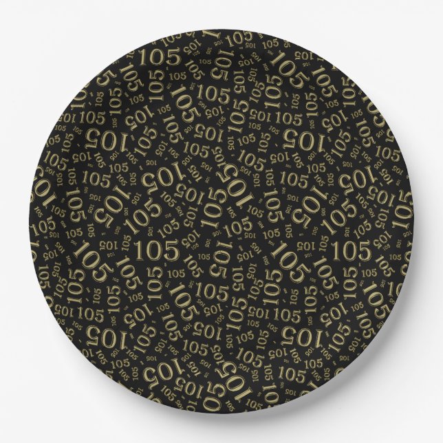 105th Birthday Party Black/Gold Random Pattern Paper Plate (Front)