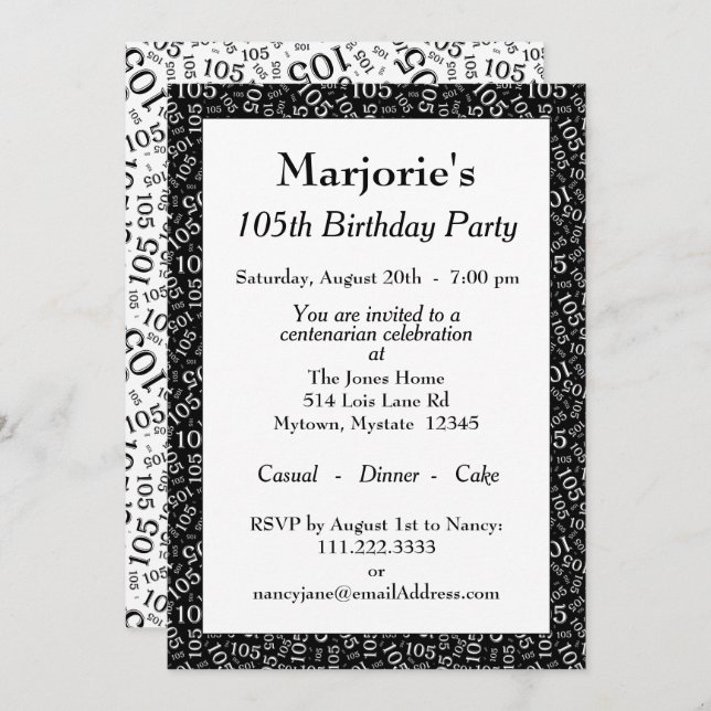 105th Birthday Party Black/White Number Pattern Invitation (Front/Back)
