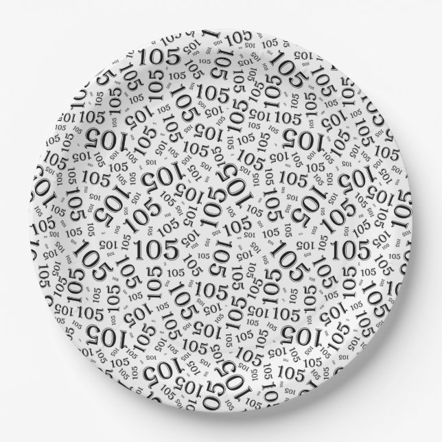 105th Birthday Party Black/White Random Pattern Paper Plate (Front)