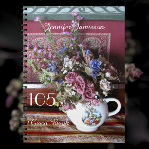 105th Birthday Party Guest Book, Vintage Teapot Notebook