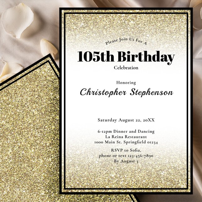 105th Birthday Party Invitation in Black and Gold (Creator Uploaded)