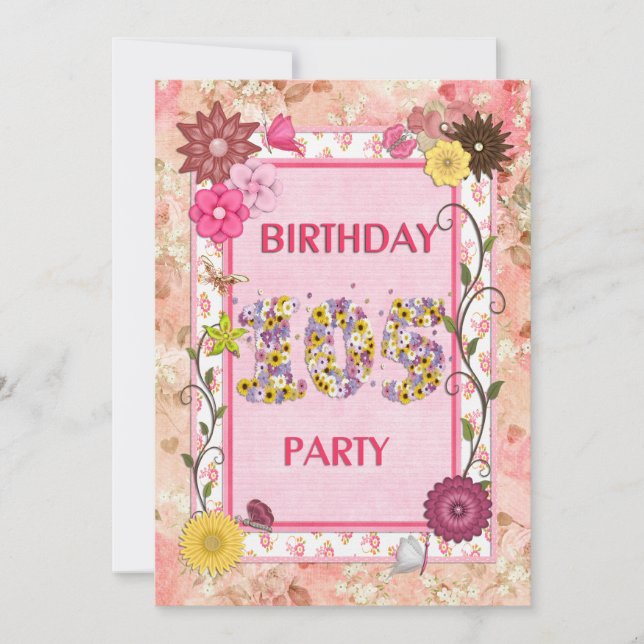 105th birthday party invitation with floral frame (Front)