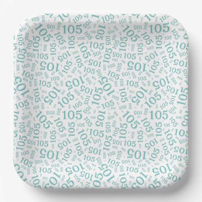 105th Birthday Party Teal/White Random Pattern Paper Plate (Front)
