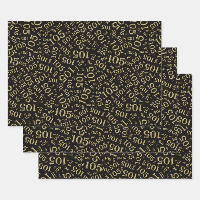 105th Birthday Random Number Pattern Black/Gold Wrapping Paper Sheet (Set)