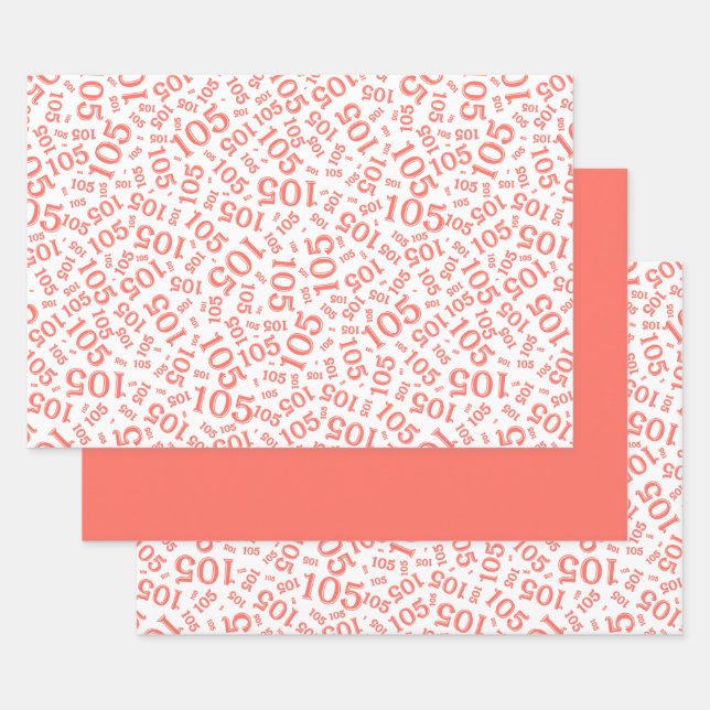 105th Birthday Random Number Pattern Coral/White Wrapping Paper Sheet (Set)