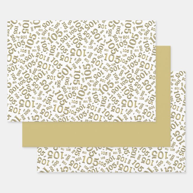 105th Birthday Random Number Pattern Gold/White Wrapping Paper Sheet (Set)