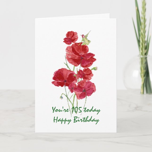 105th Birthday Watercolor Red Poppy Hummingbird Card (Front)