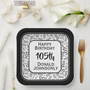 105th Party Random Number Pattern Black/White Paper Plate