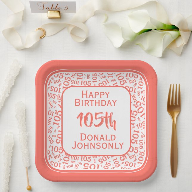 105th Party Random Number Pattern Coral/White Paper Plate (Wedding)