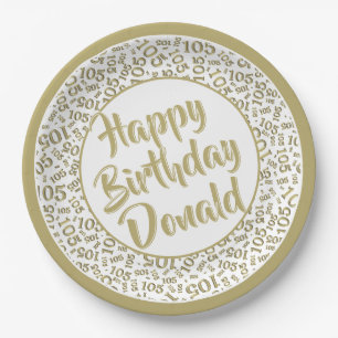 105th Party Random Number Pattern Gold/White Paper Plate