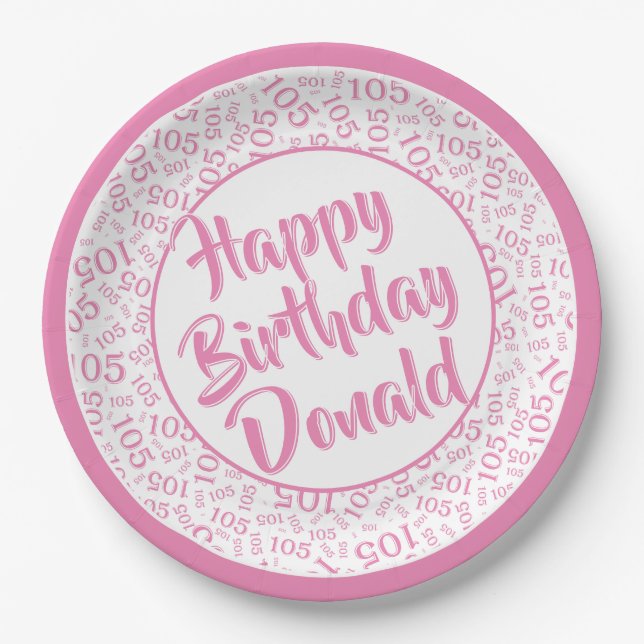 105th Party Random Number Pattern Pink/White Paper Plate (Front)