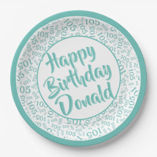 105th Party Random Number Pattern Teal/White Paper Plate