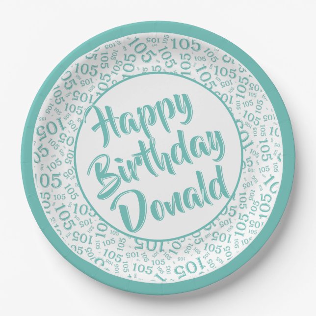 105th Party Random Number Pattern Teal/White Paper Plate (Front)