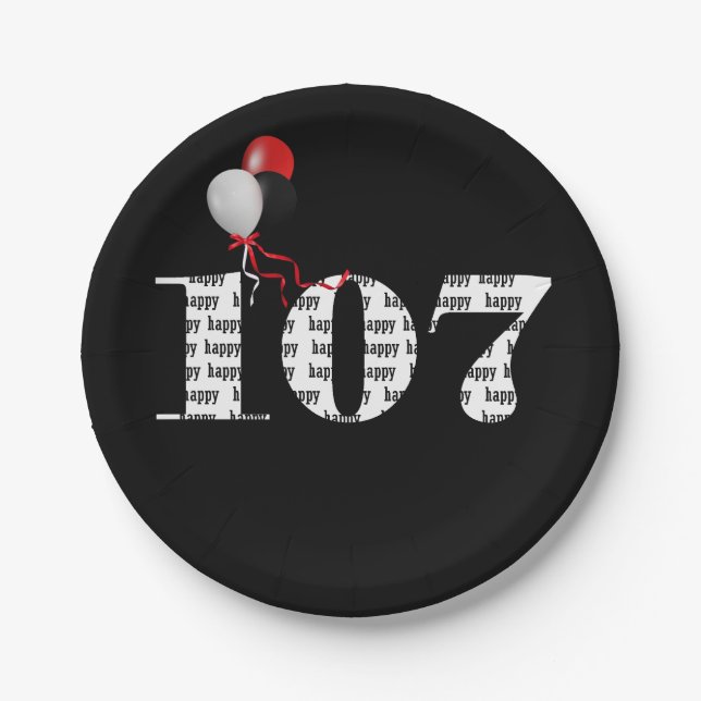 107th birthday party balloons paper plate (Front)
