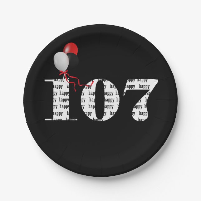 107th birthday party balloons paper plate (Front)