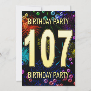 107th Birthday Party Invitation Fireworks Bubbles