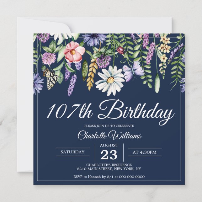 107th Birthday Wildflowers Navy Elegant 107 Years Invitation (Front)