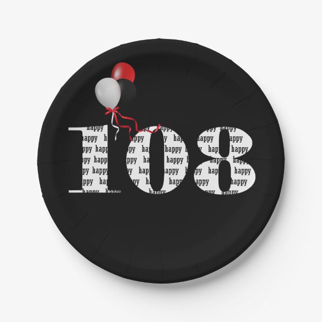 108th birthday party balloons paper plate (Front)