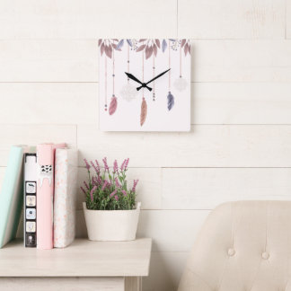 10.75" Boho Feathers Square Acrylic Wall Clock