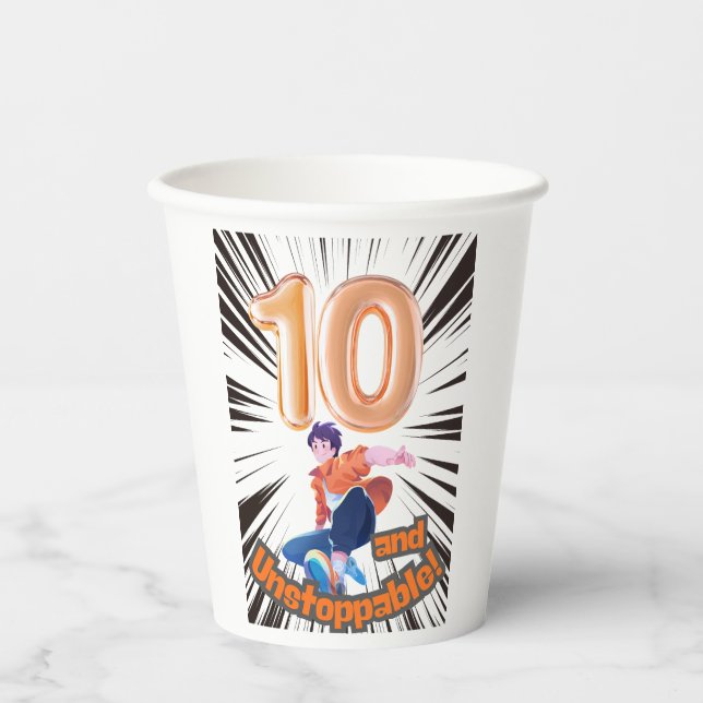 10 and Unstoppable Boys’ Birthday Paper Cups (Front)